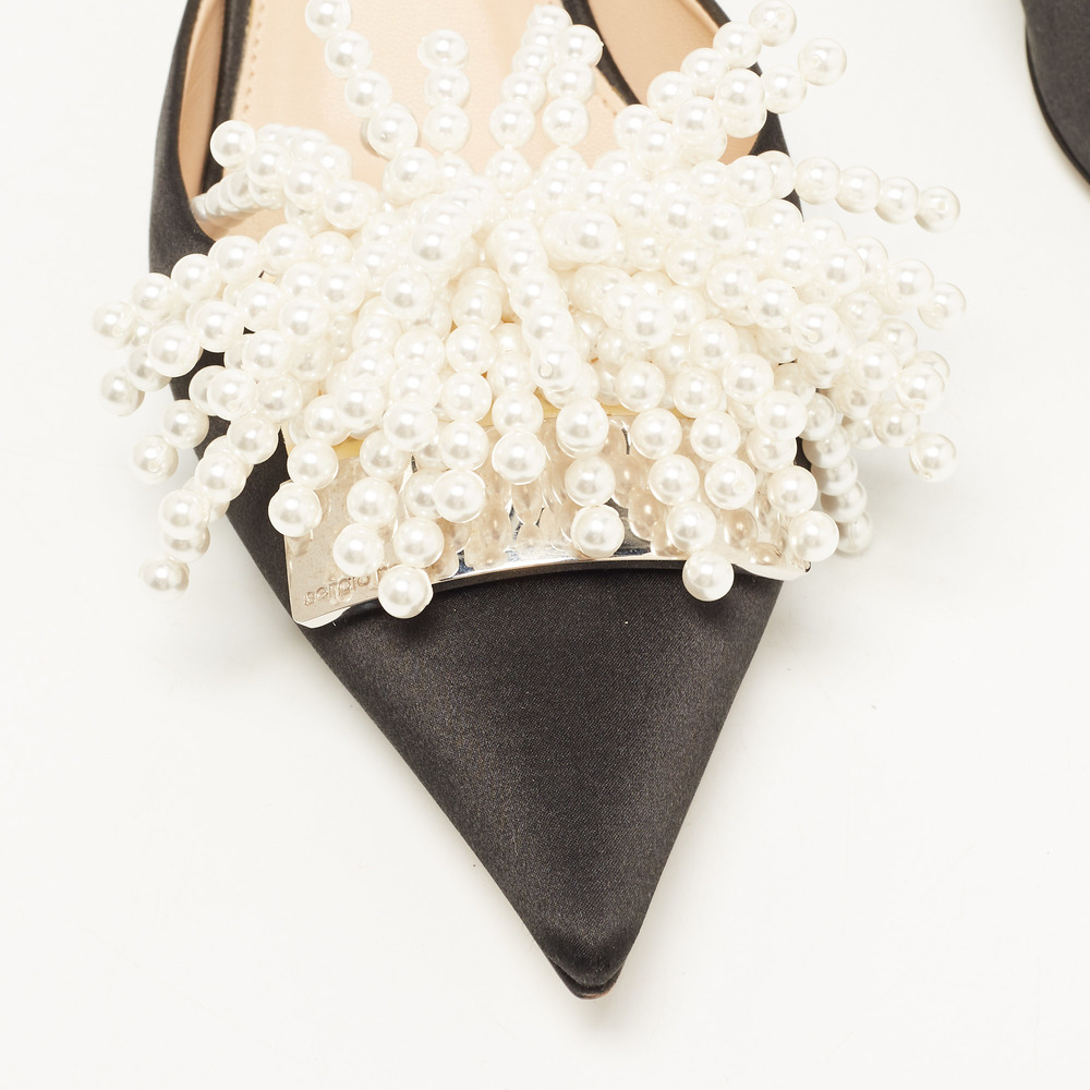 Sergio Rossi x Rosie Assoulin Black Satin Pearl Embellished Mules Size 39.5 - Picture 7 of 8
